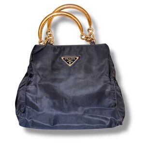 Authentic Prada Black Nylon Tote with Gold-Tone Handles